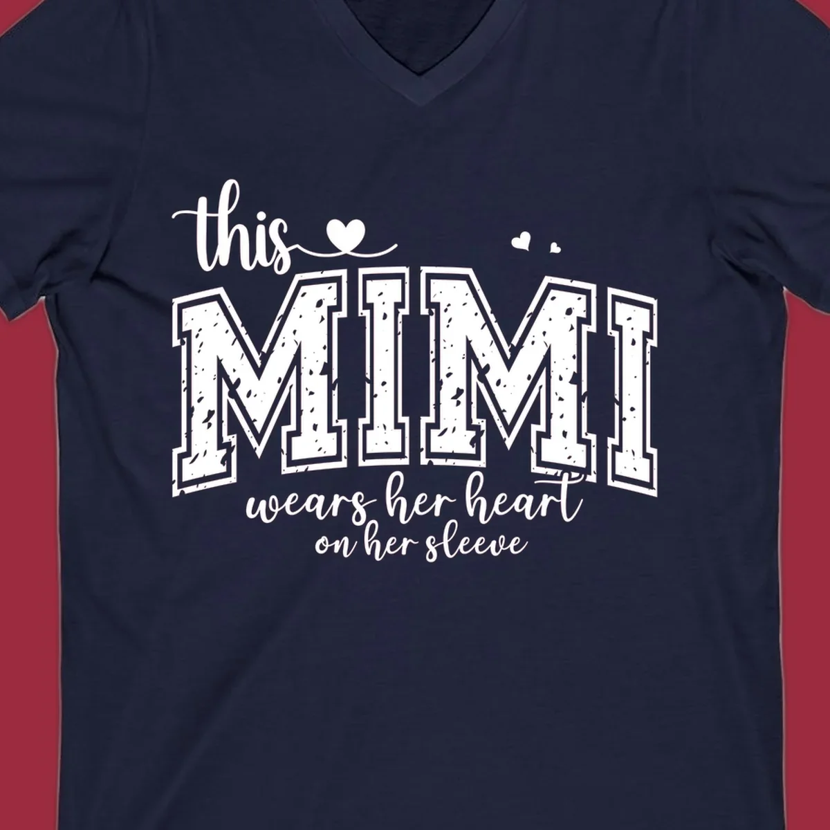 This Mimi Wears Her Heart On Her Sleeve text design with heart icons.