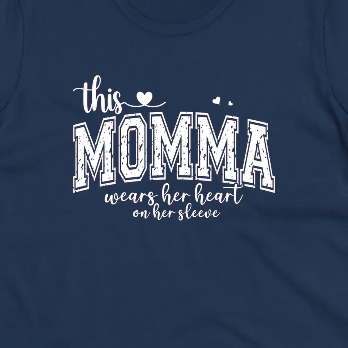 Momma heart on sleeve typography design with script and varsity text and heart icons.
