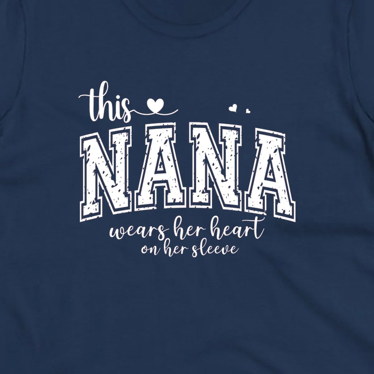 Text design for Nana that says 'this nana wears her heart on her sleeve' with heart accents.