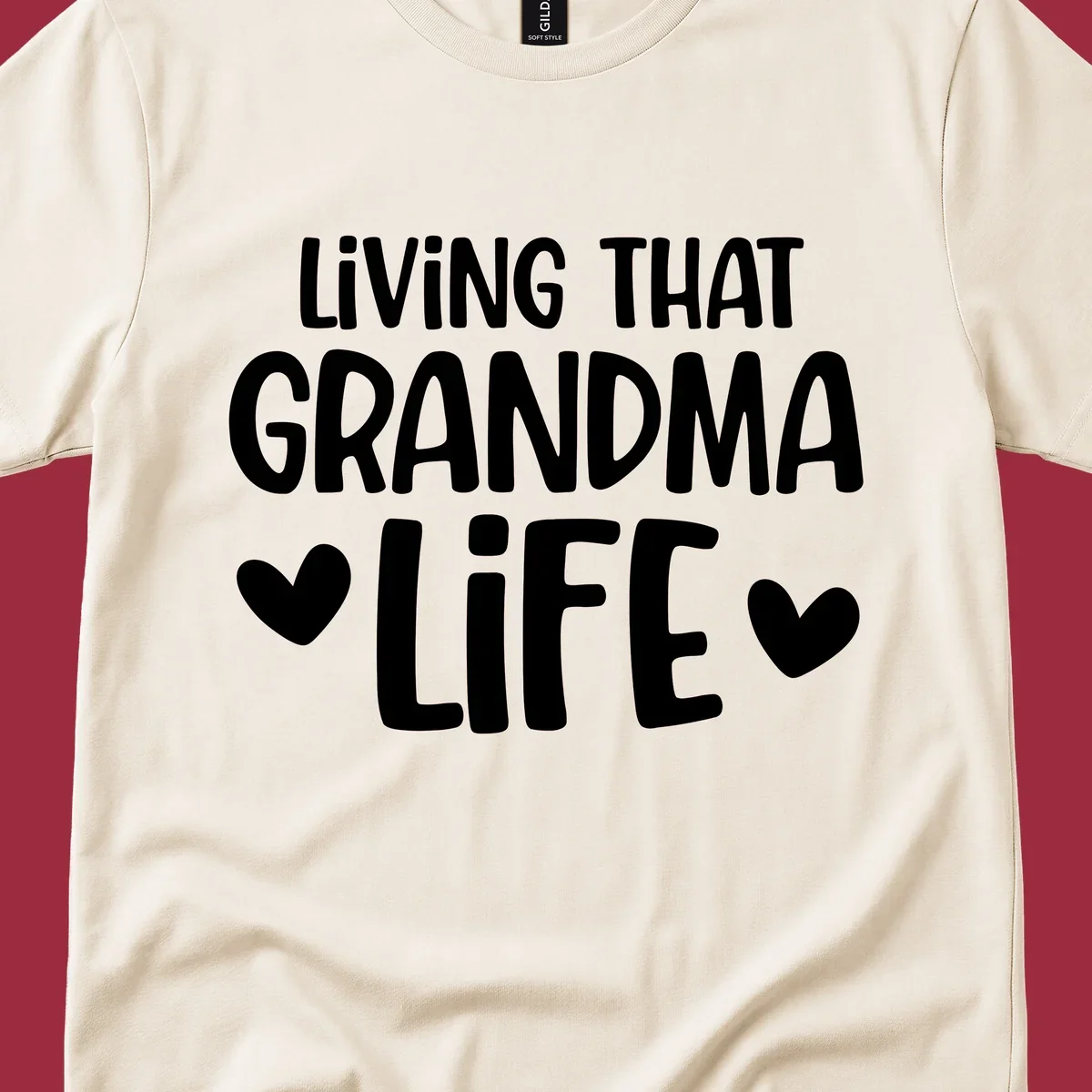Living that grandma life text with hearts graphic.