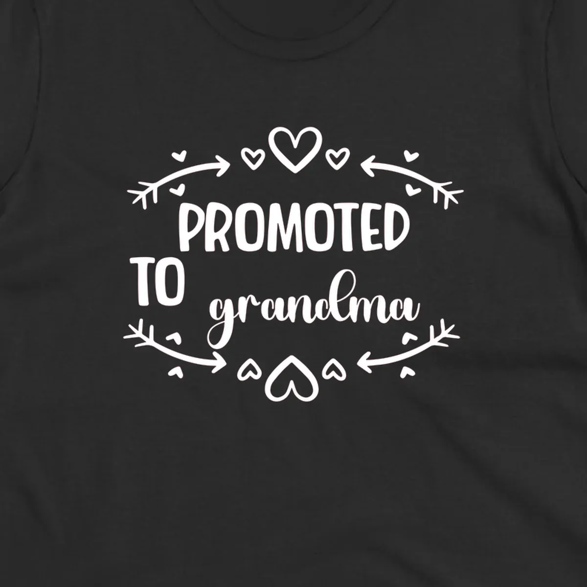Promoted to Grandma text with hearts and arrows graphic.