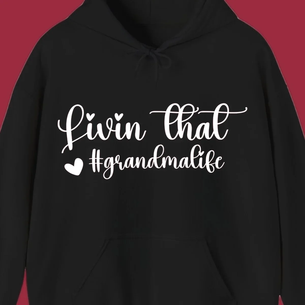 Livin that grandma life script with hearts, white on black and black on white.