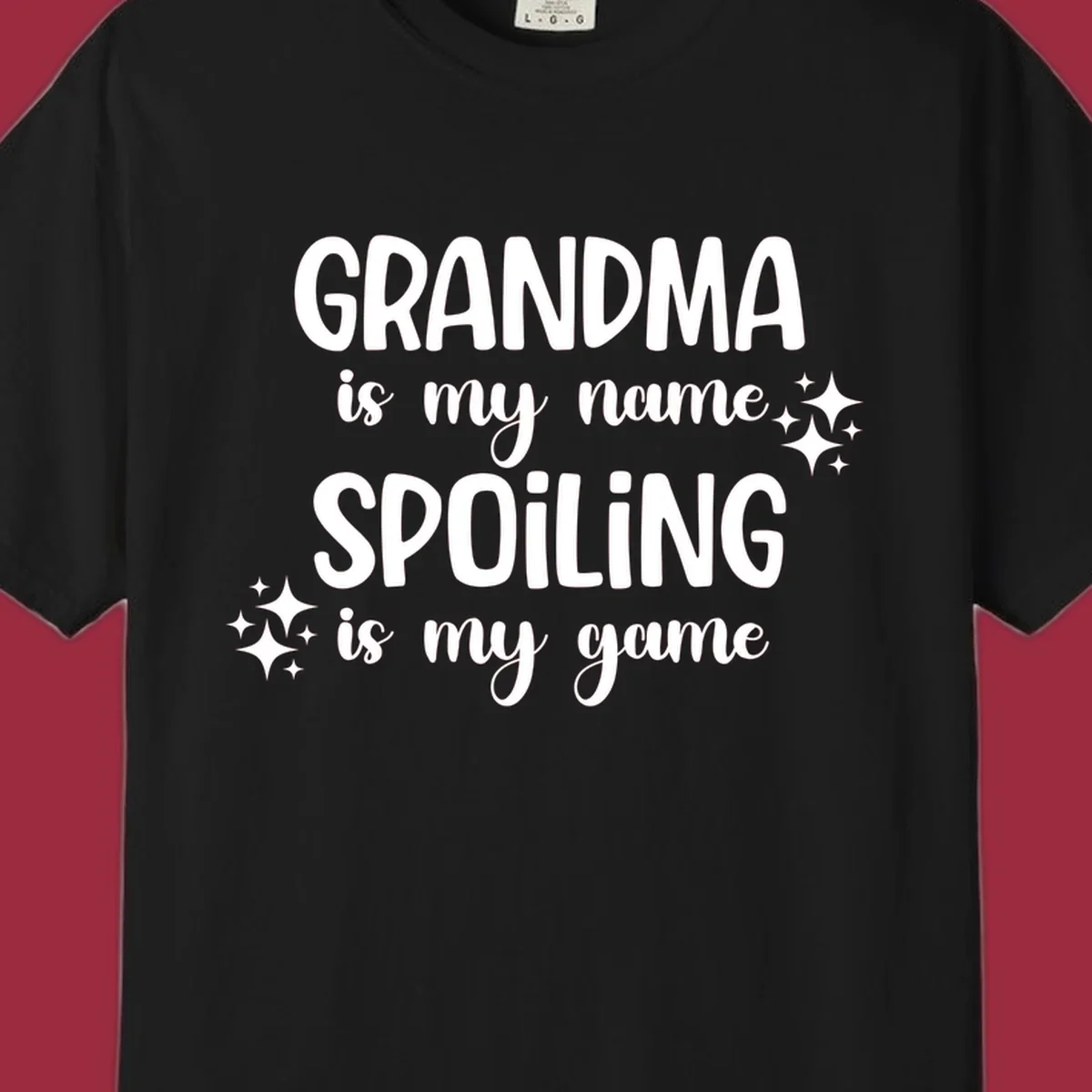 Grandma spoiling game text with sparkle accents.
