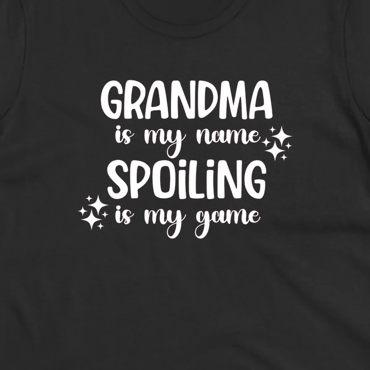 Grandma spoiling game text with sparkle accents.