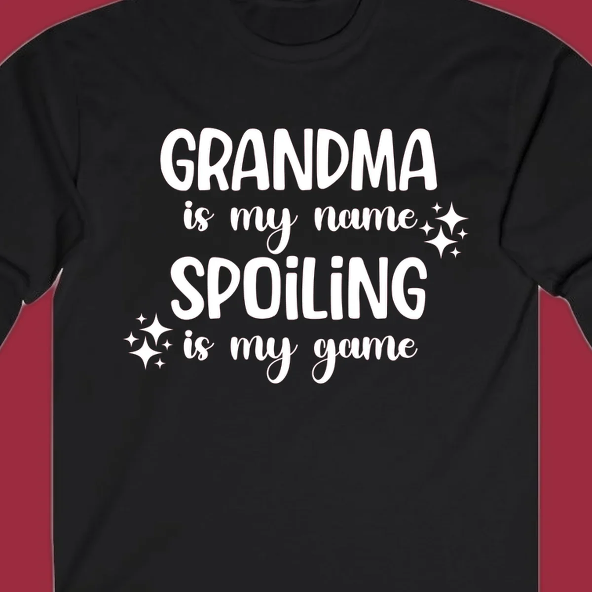 Grandma spoiling game text with sparkle accents.