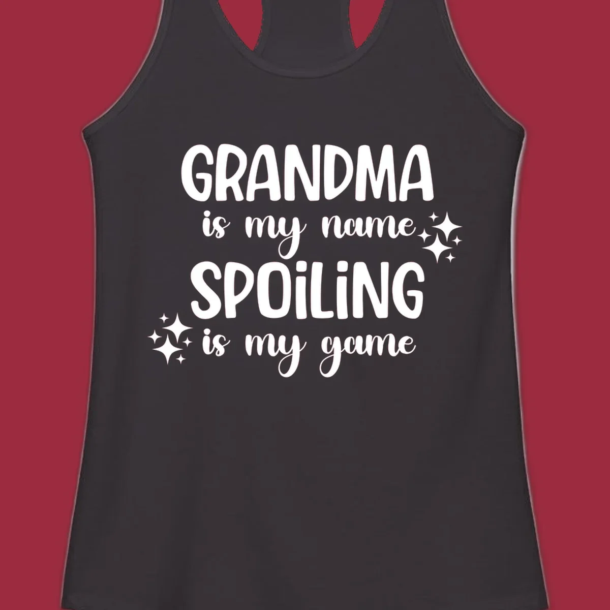 Grandma spoiling game text with sparkle accents.