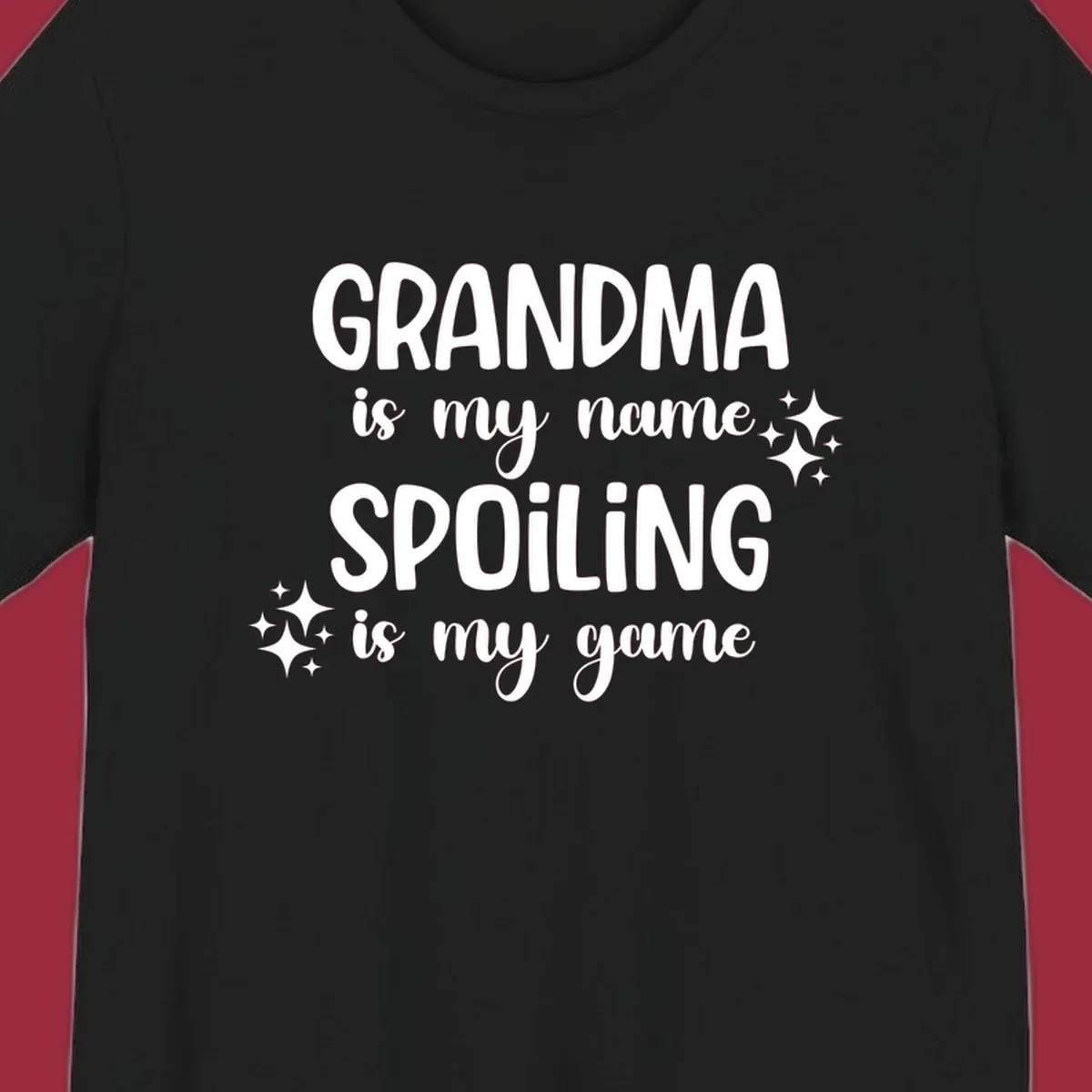 Grandma spoiling game text with sparkle accents.