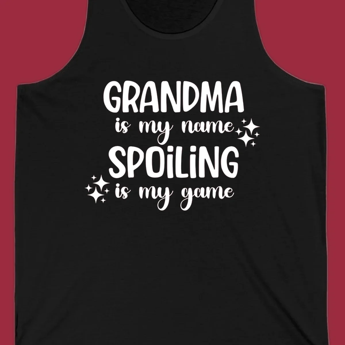Grandma spoiling game text with sparkle accents.