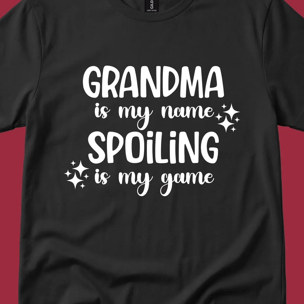 Grandma spoiling game text with sparkle accents.
