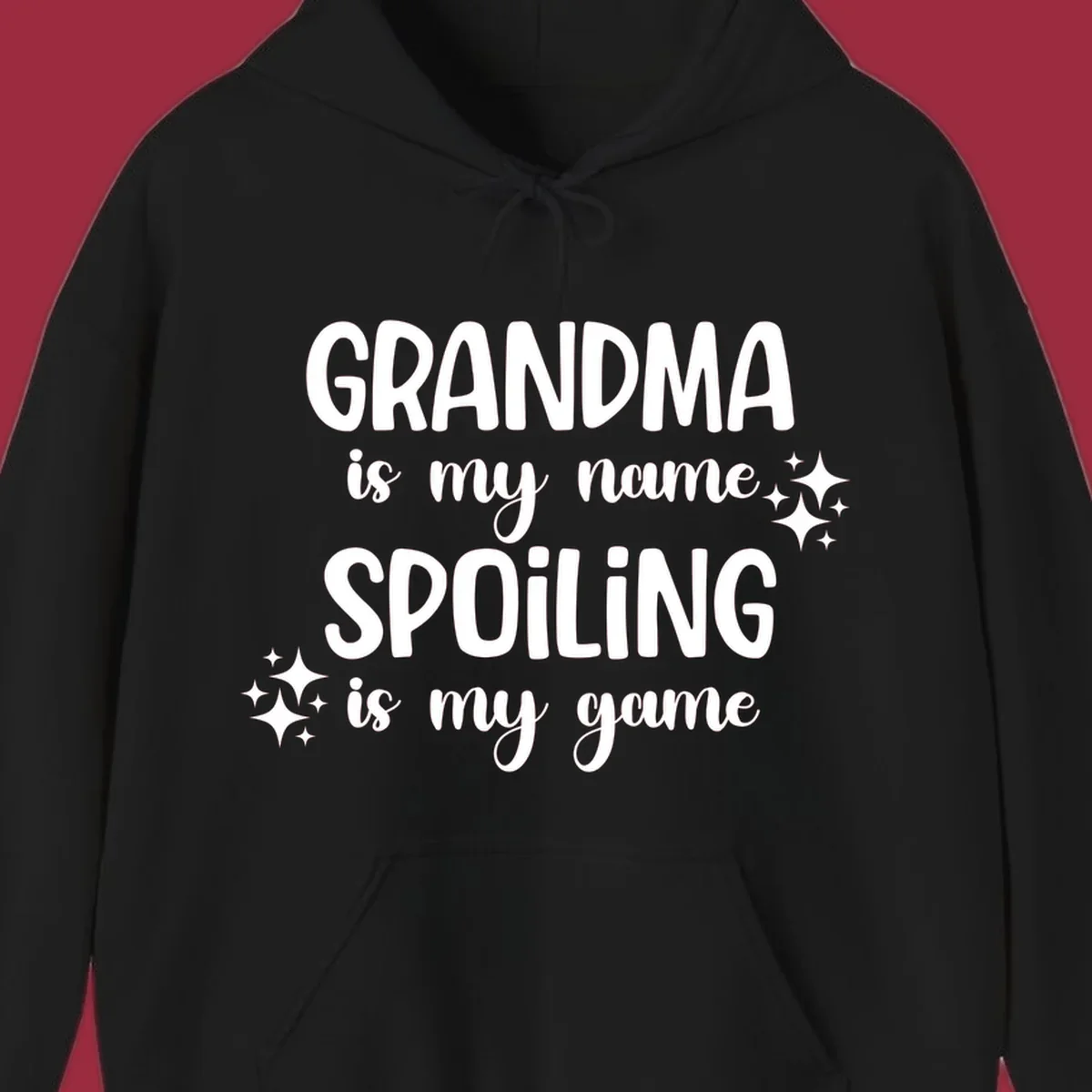 Grandma Is My Name Spoiling Is My Game typography with sparkle accents.
