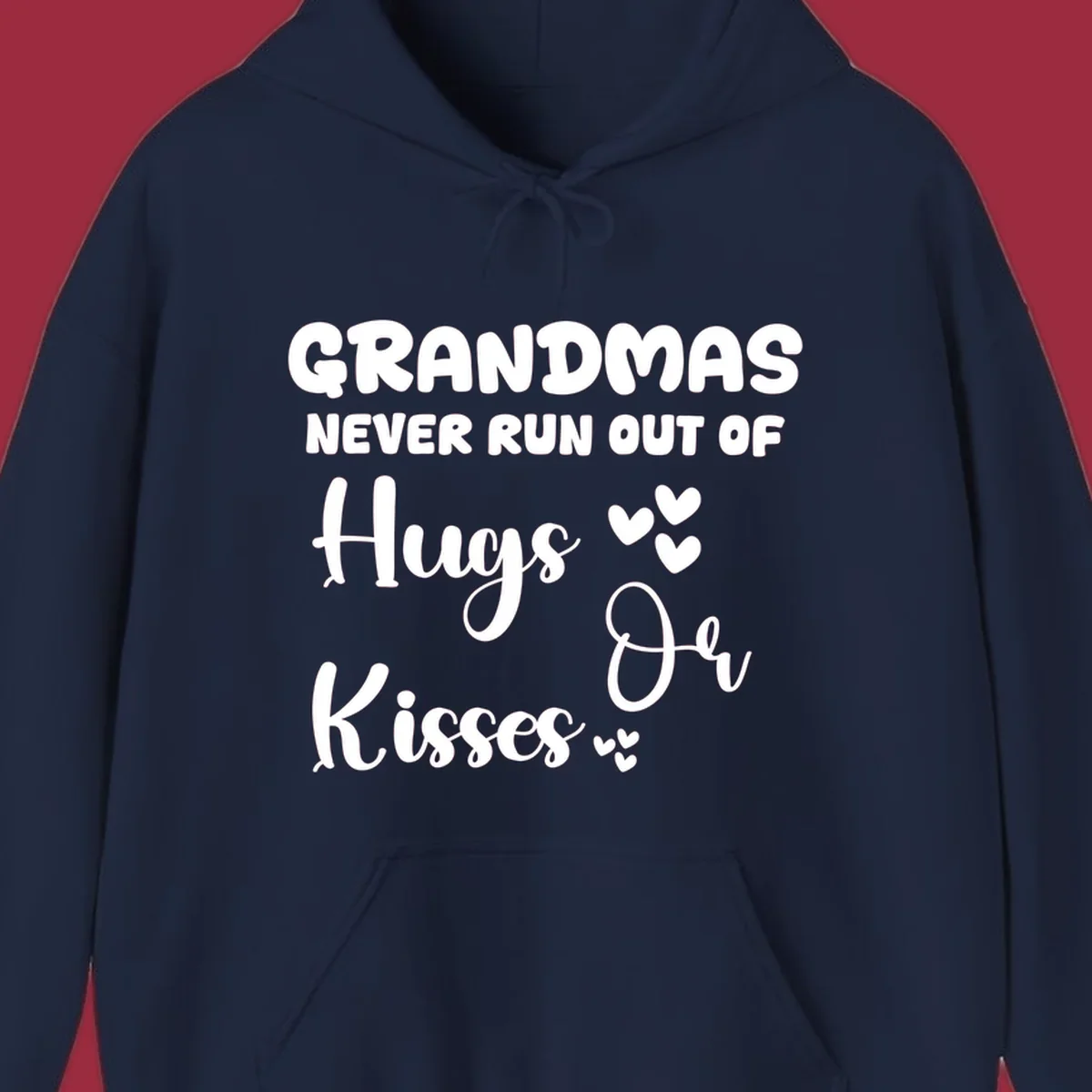 Grandma hugs and kisses typography design with heart accents.