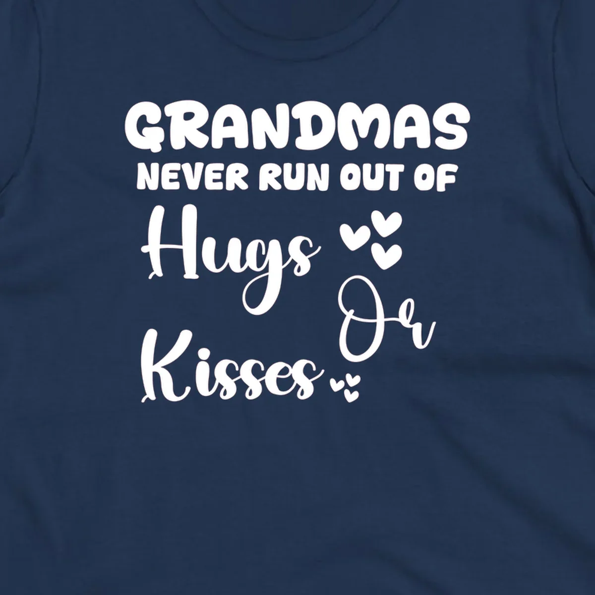 Grandma hugs and kisses typography design with heart accents.