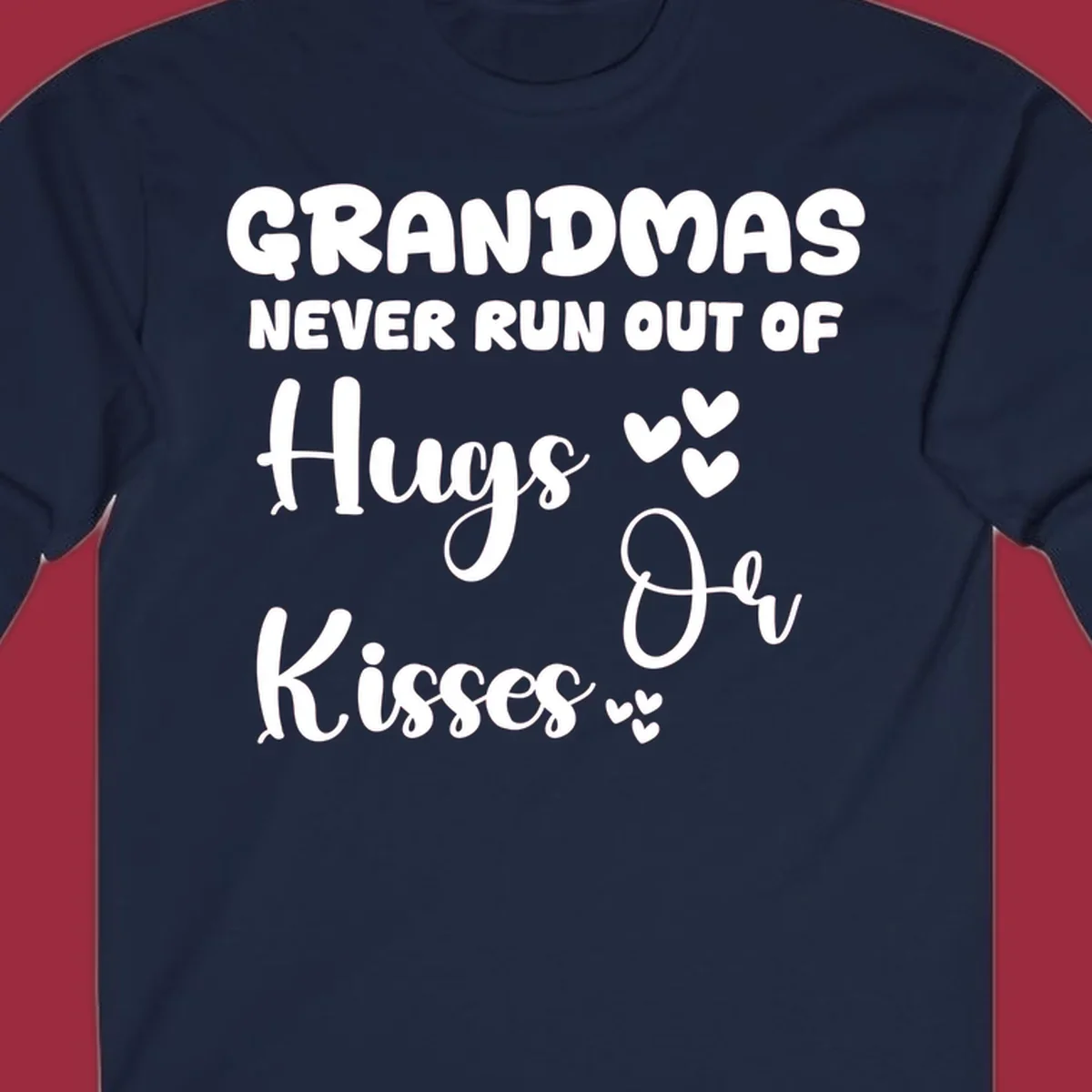 Grandma hugs and kisses typography design with heart accents.