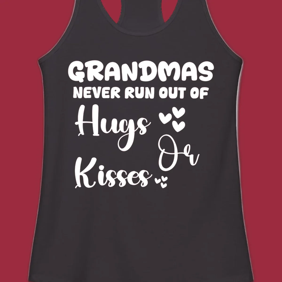Grandma hugs and kisses typography design with heart accents.