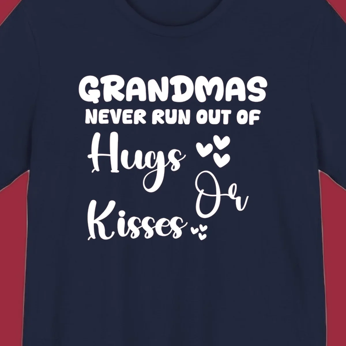 Grandma hugs and kisses typography design with heart accents.