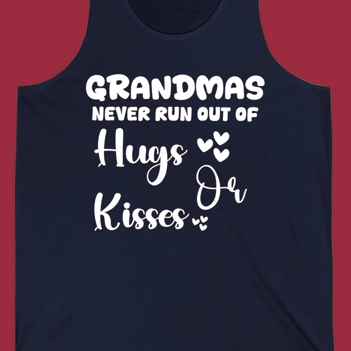 Grandma hugs and kisses typography design with heart accents.