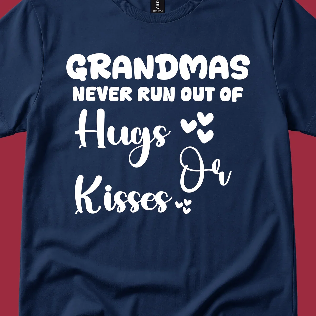 Grandma hugs and kisses typography design with heart accents.