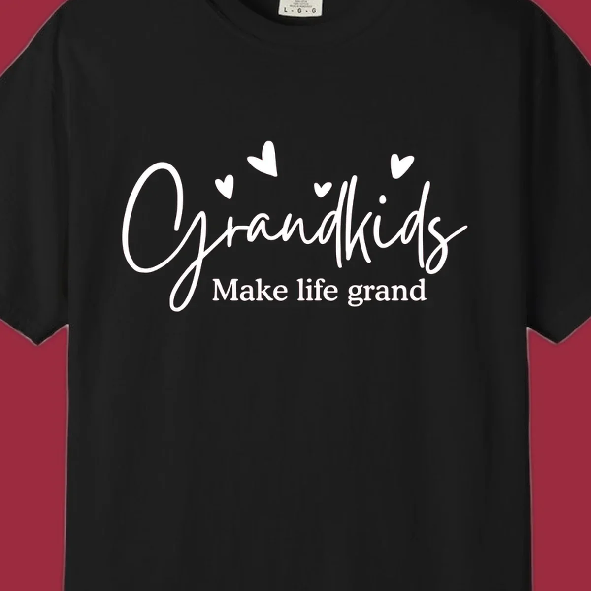 Grandkids Make Life Grand text design with hearts.