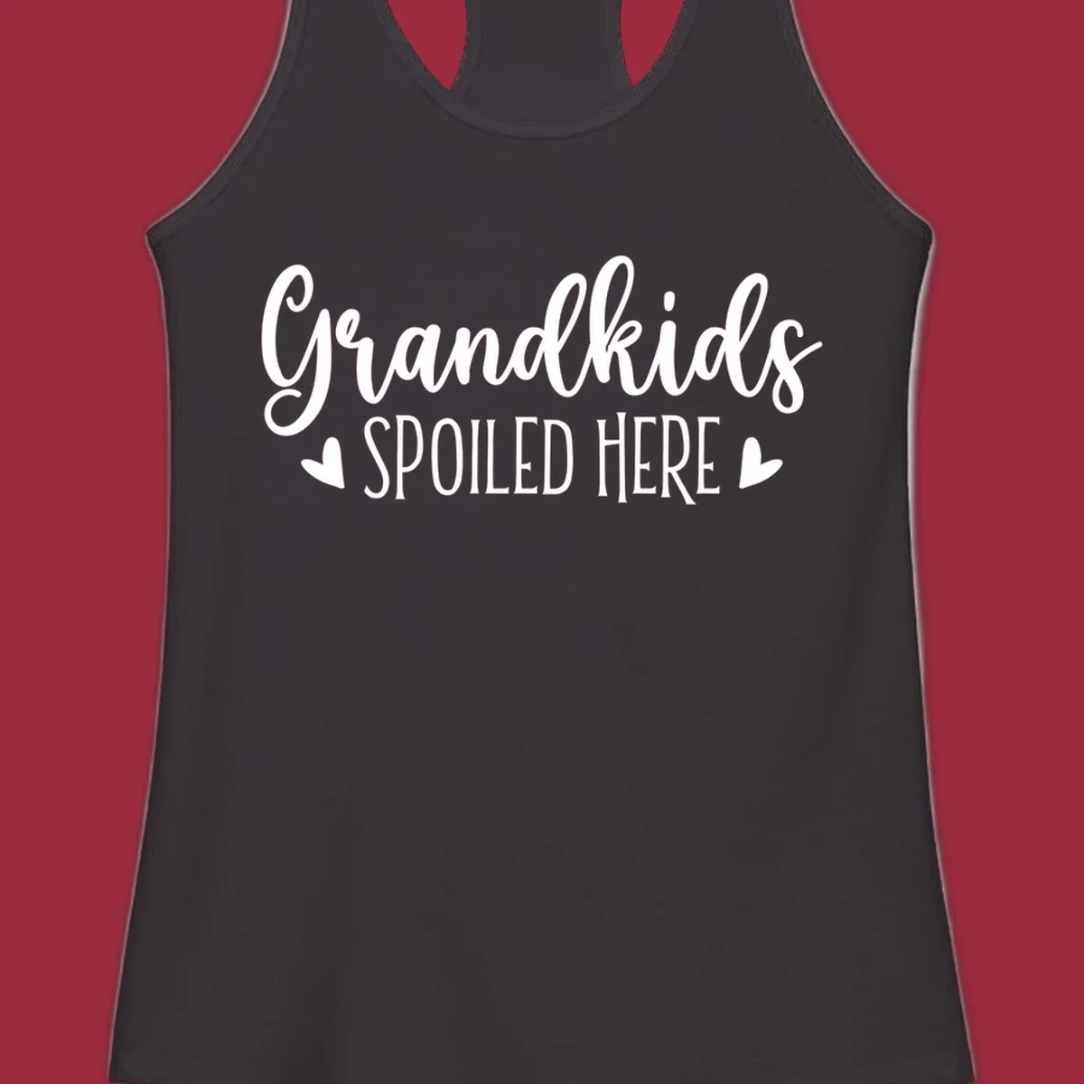 Grandkids Spoiled Here typography design with heart accents.