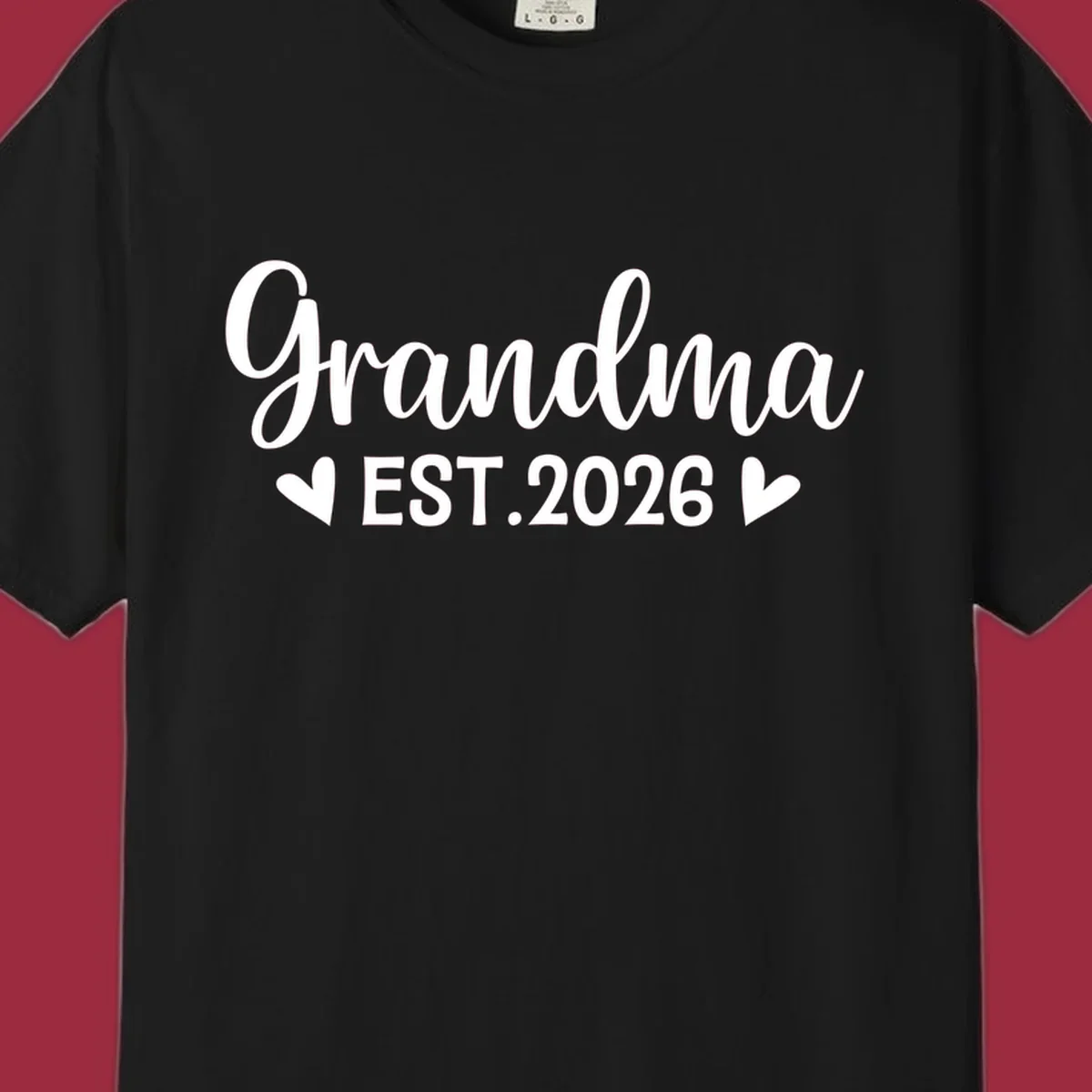 Grandma Est. 2026 text design with heart icons.