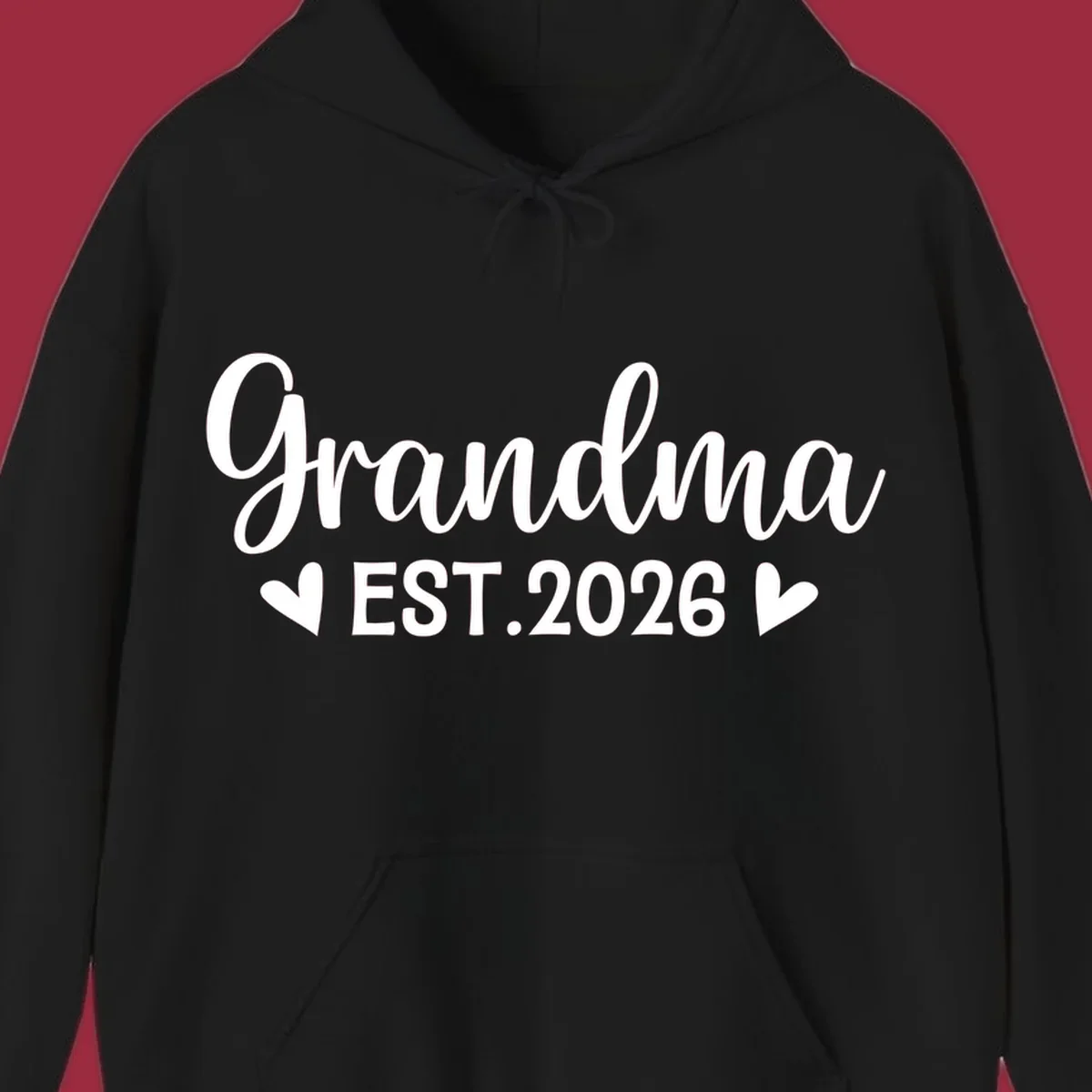 Grandma Est. 2026 text design with heart icons.