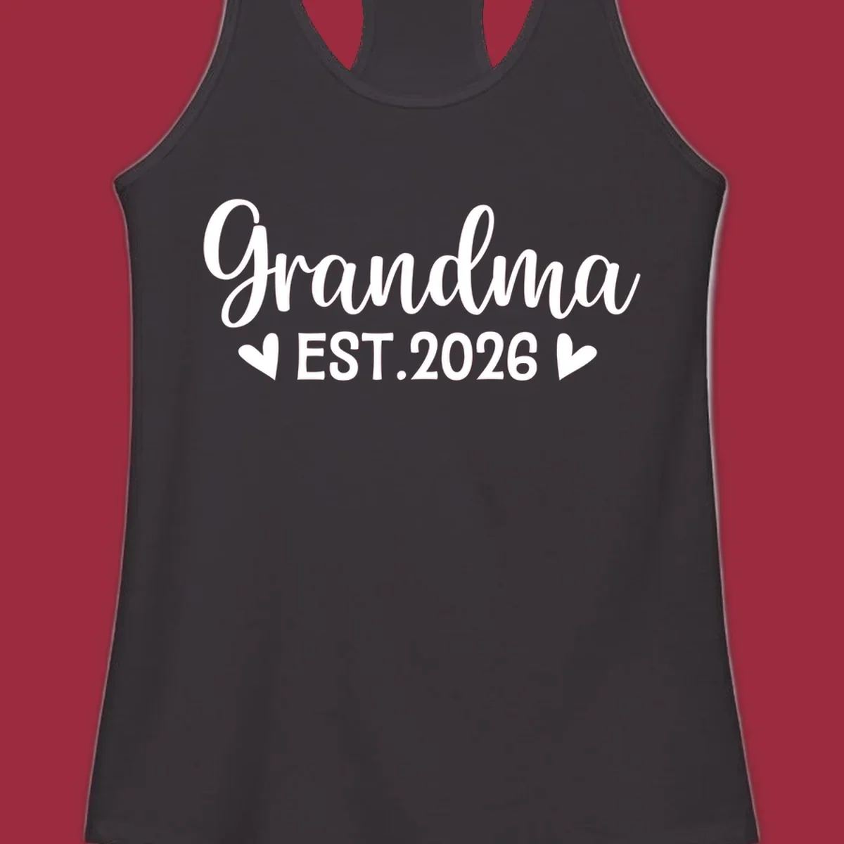 Grandma Est. 2026 text design with heart icons.