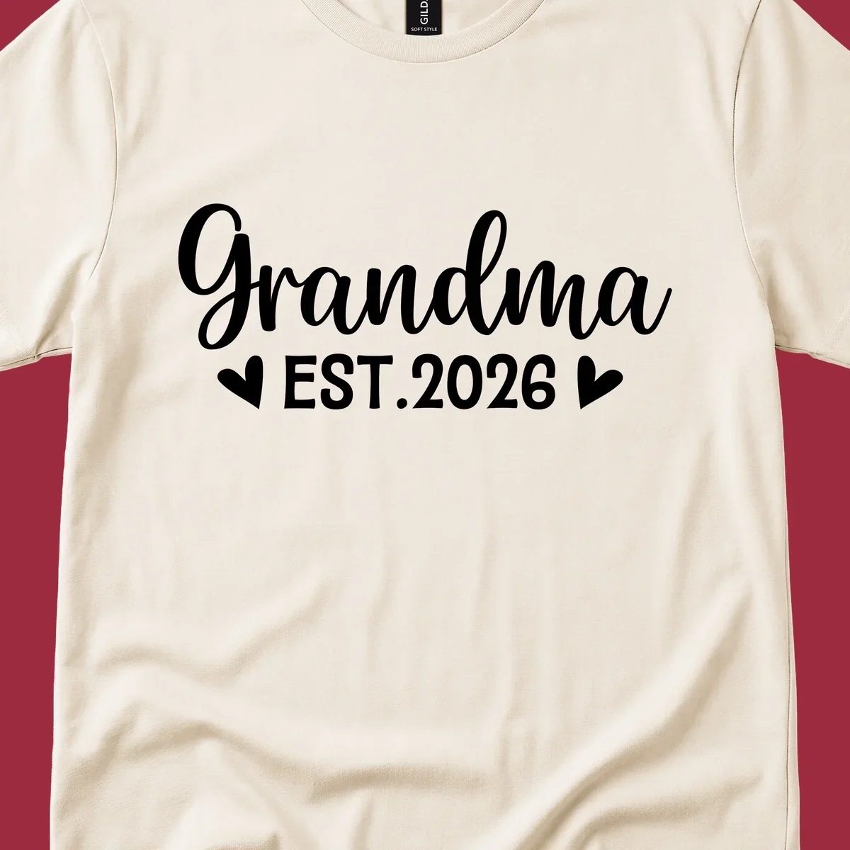 Grandma Est. 2026 text design with heart icons.