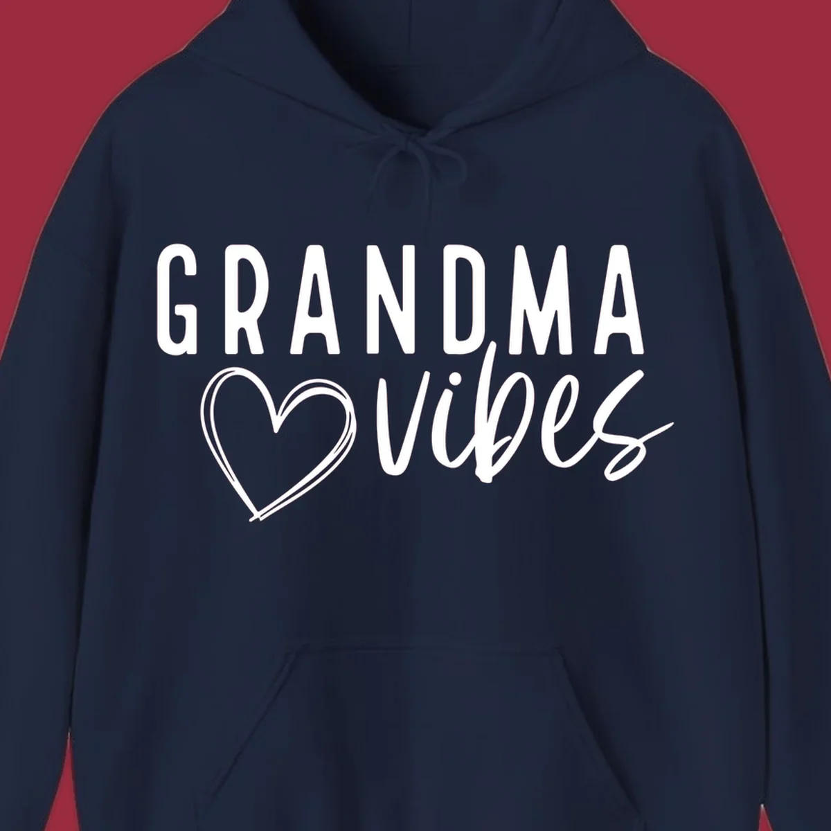 Grandma vibes text with a heart outline, white on black and black on white.