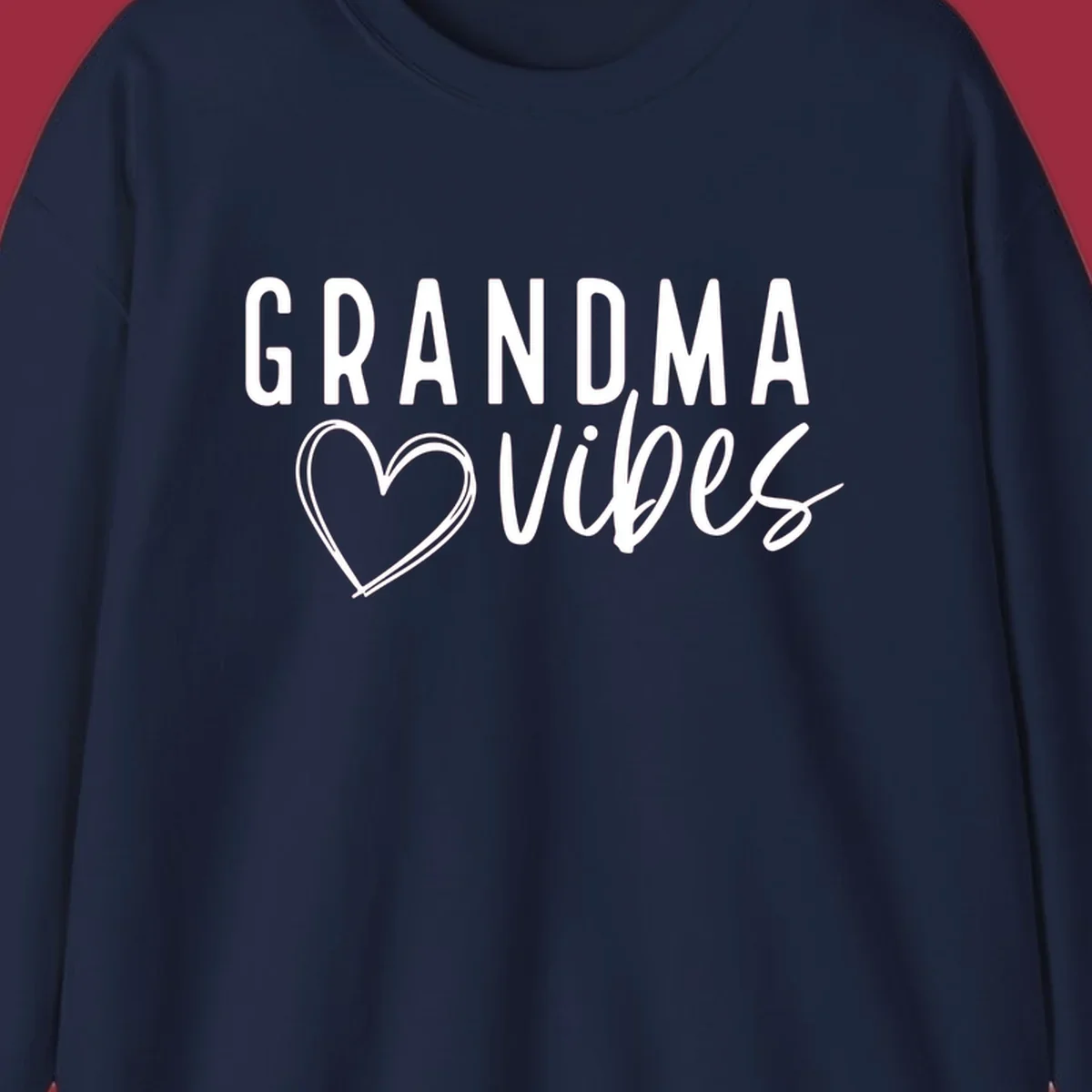 Grandma vibes text with a heart outline, white on black and black on white.