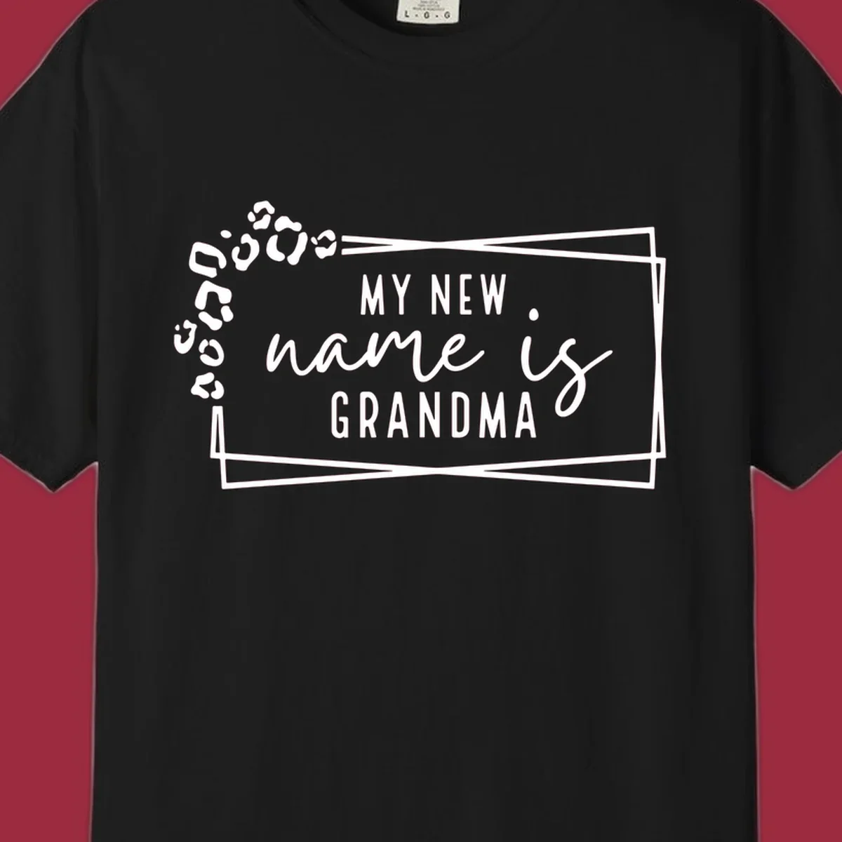 New grandma leopard print text design with geometric border.