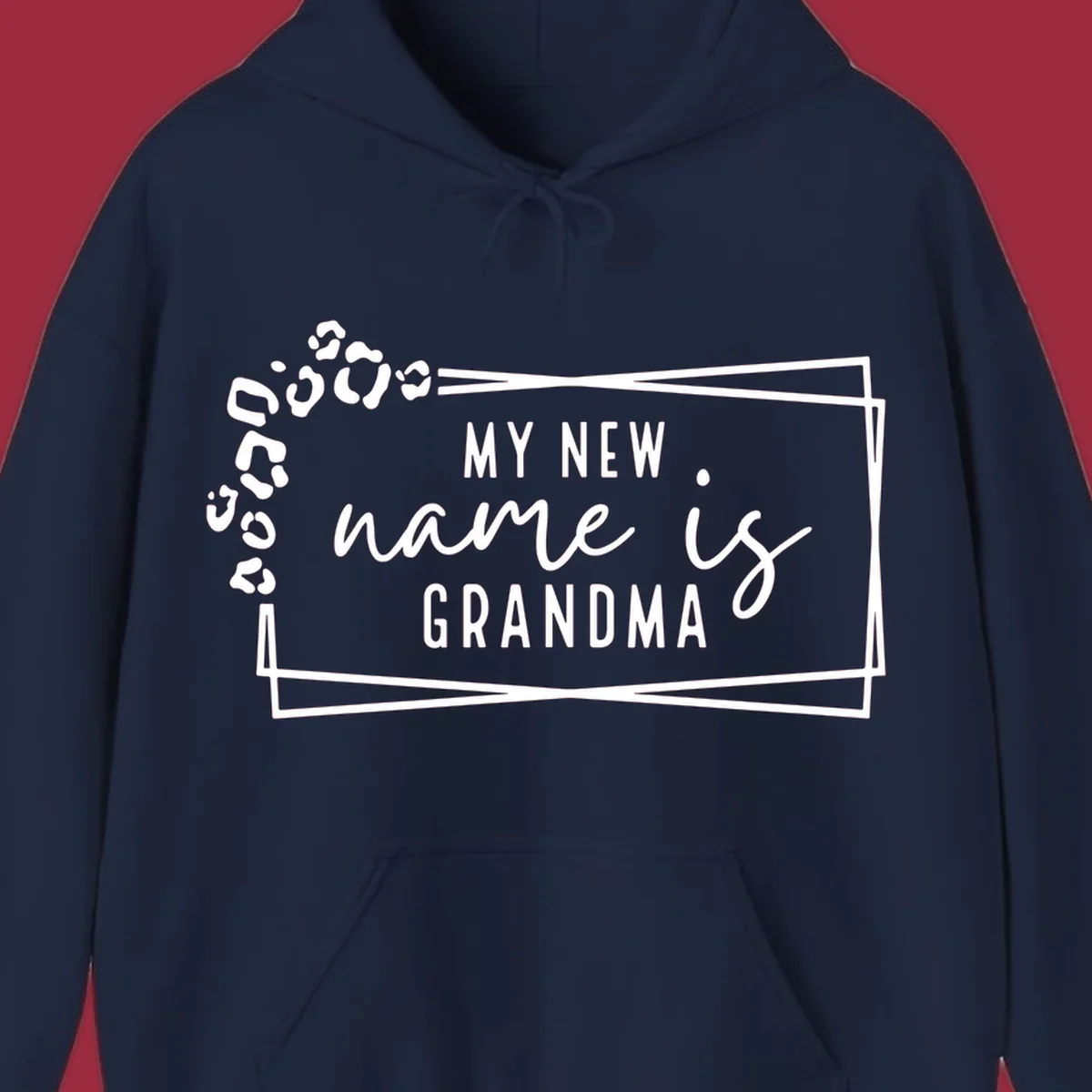 New grandma leopard print text design with geometric border.