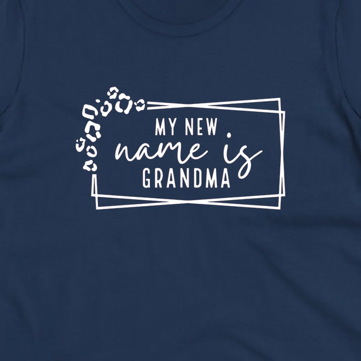 New grandma leopard print text design with geometric border.