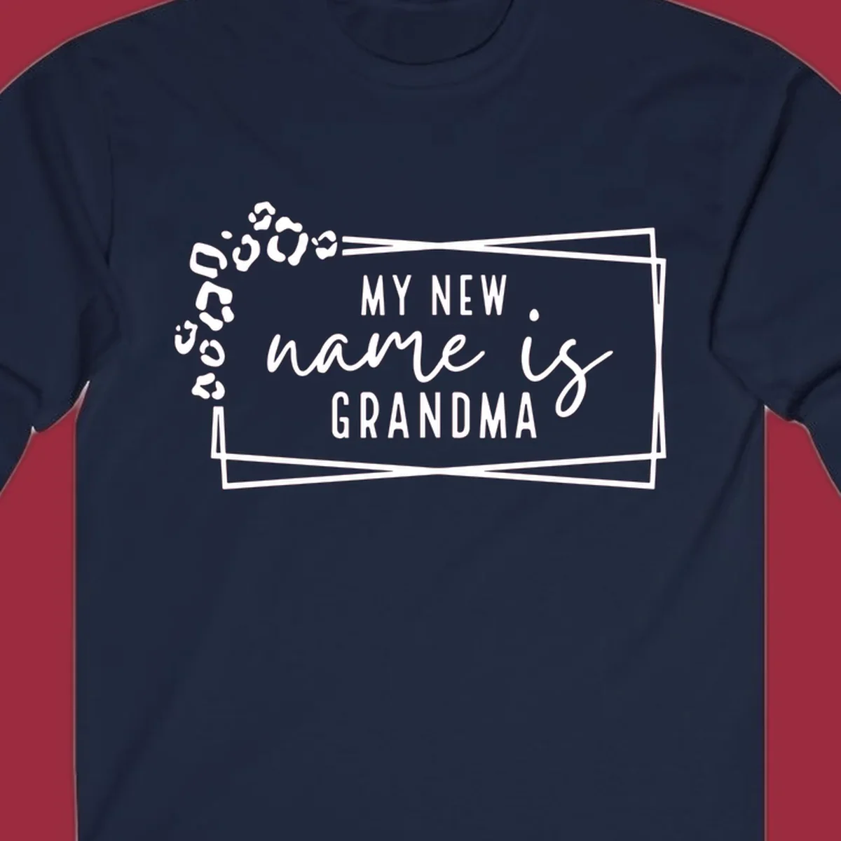 New grandma leopard print text design with geometric border.