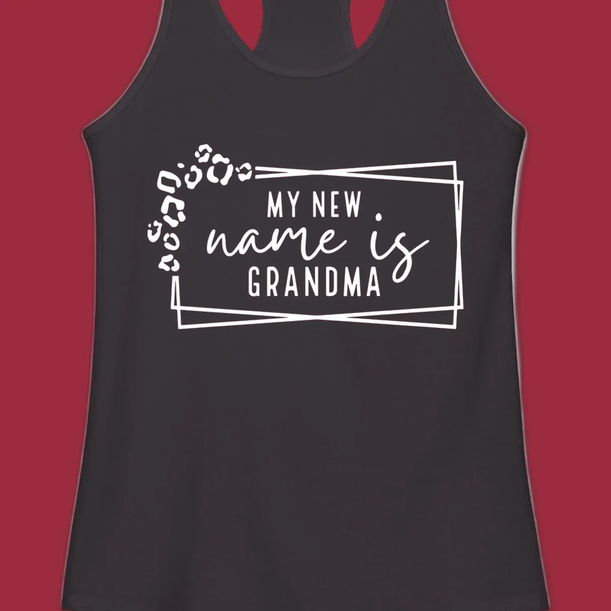 New grandma leopard print text design with geometric border.