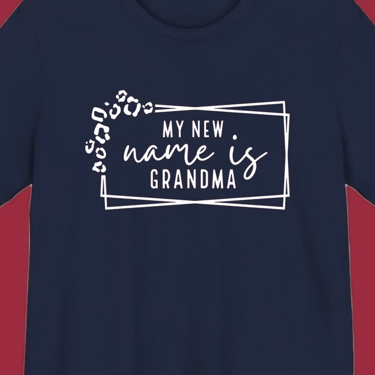 New grandma leopard print text design with geometric border.
