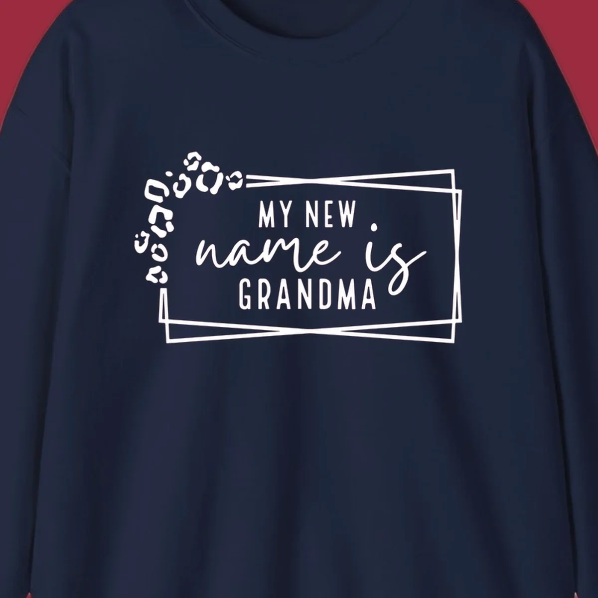 New grandma leopard print text design with geometric border.
