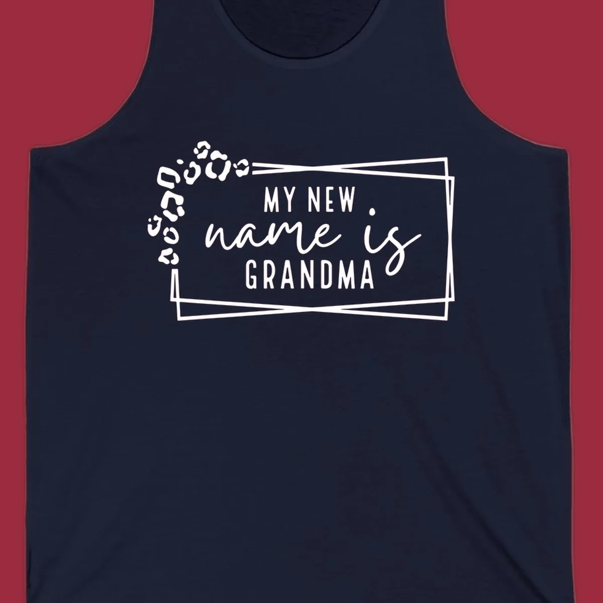 New grandma leopard print text design with geometric border.