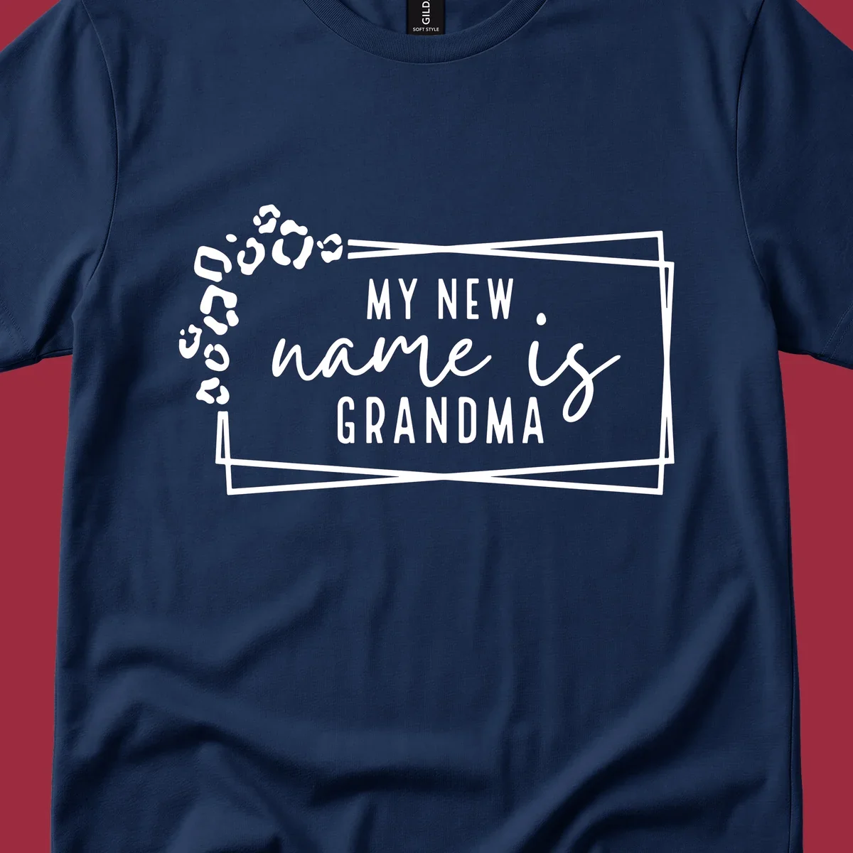 New grandma leopard print text design with geometric border.