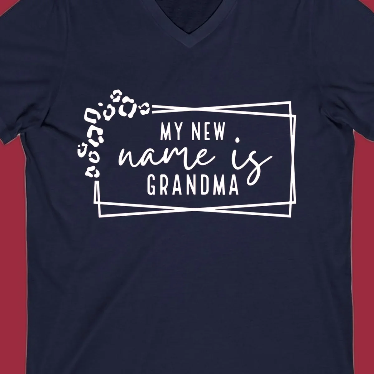 New grandma leopard print text design with geometric border.