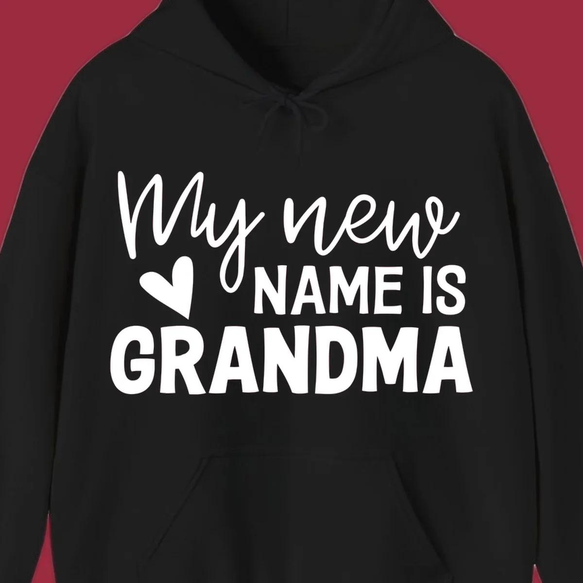 Text design announcing 'My new NAME IS GRANDMA' with a heart graphic.
