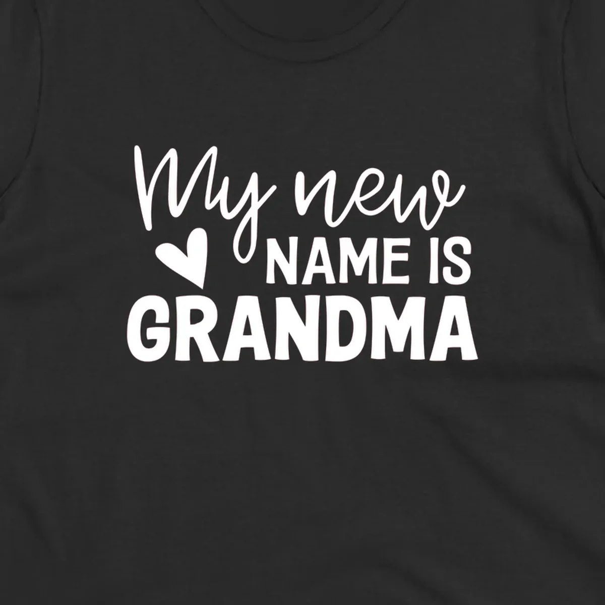 Text design announcing 'My new NAME IS GRANDMA' with a heart graphic.