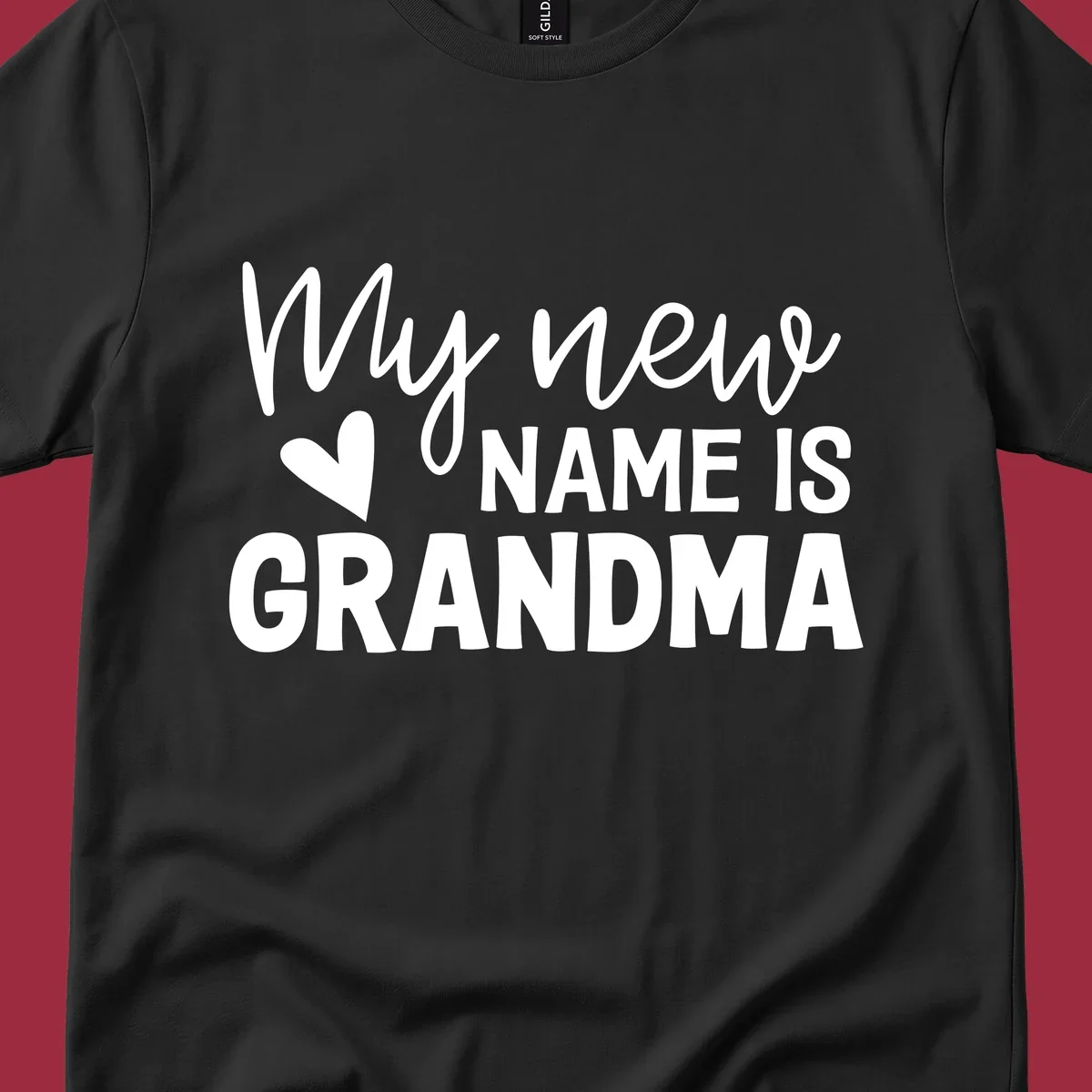 Text design announcing 'My new NAME IS GRANDMA' with a heart graphic.