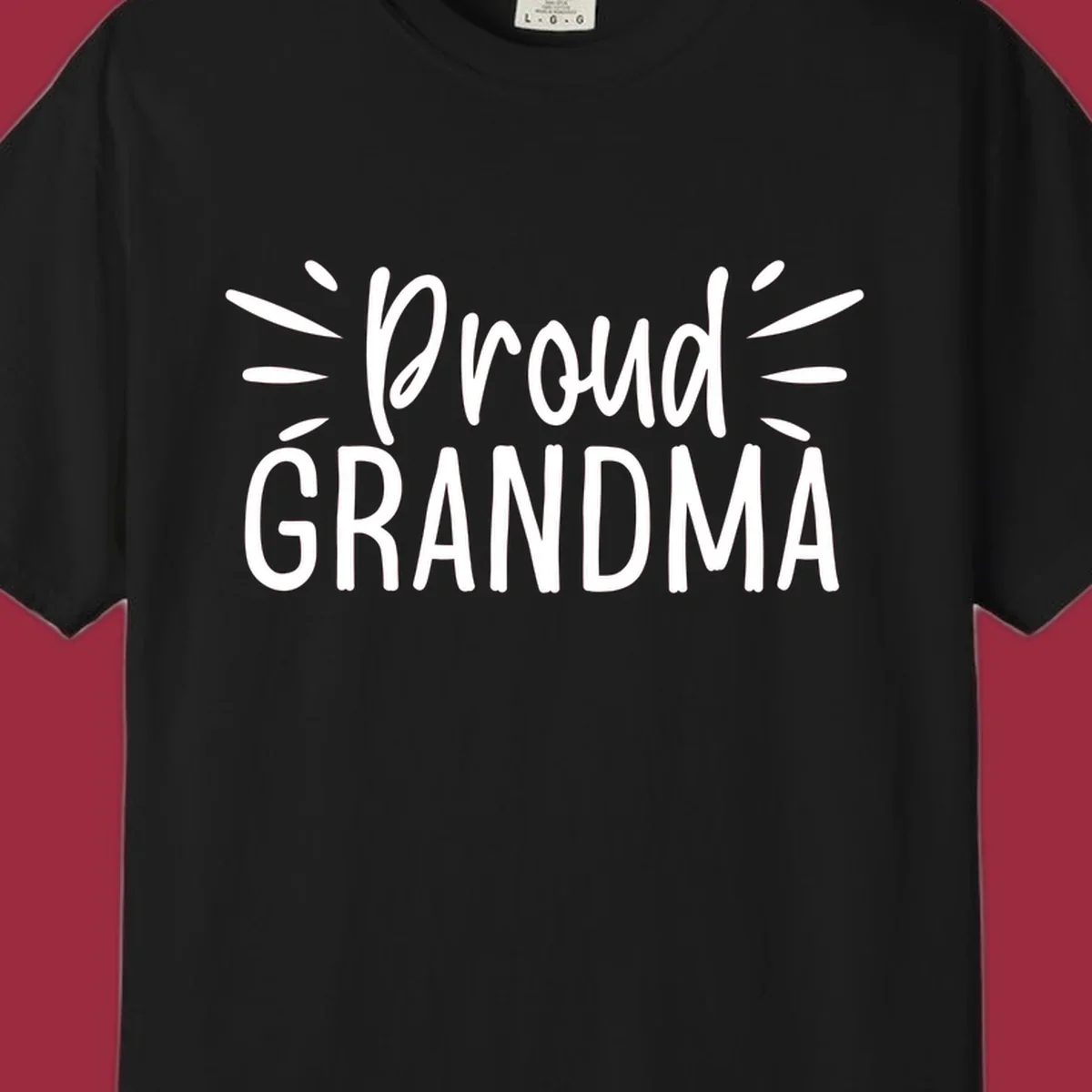 Proud Grandma text design with radiating lines. Proud-grandma.