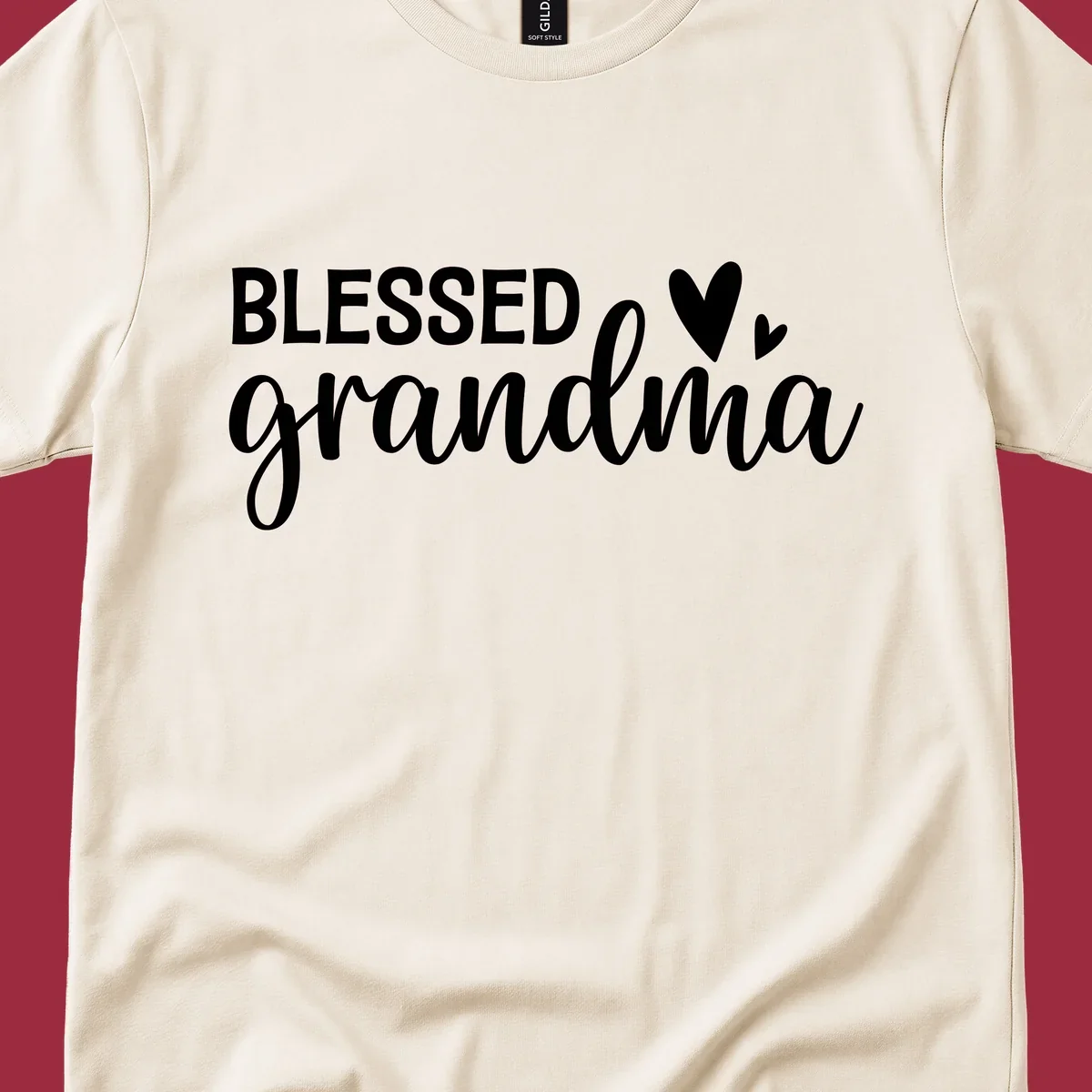 Blessed Grandma typography with heart icons.