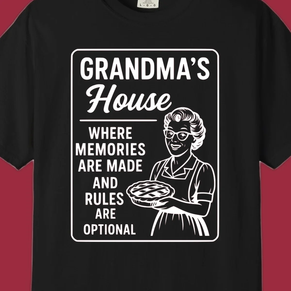 Grandma's house sign with text and illustration of a smiling grandma holding a pie.