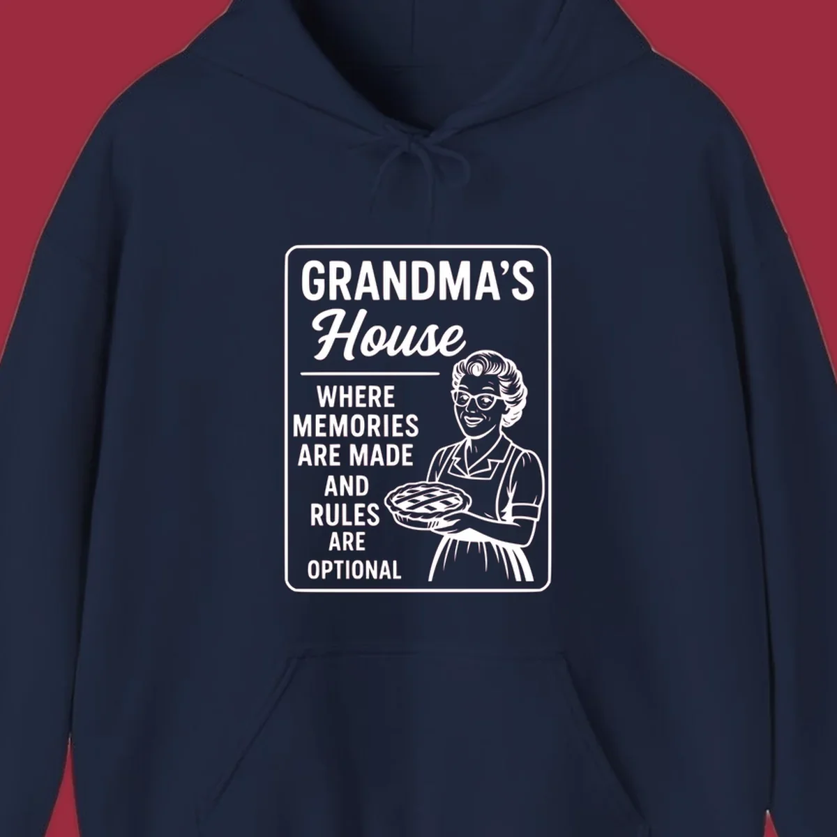 Grandma's house sign with text and illustration of a smiling grandma holding a pie.