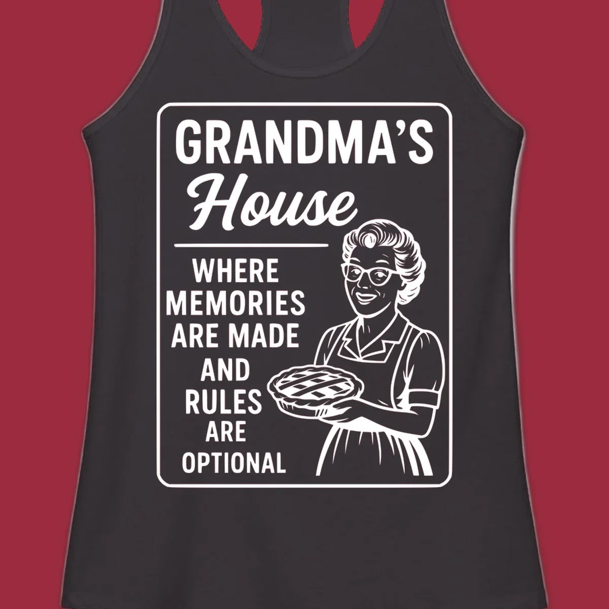 Grandma's house sign with text and illustration of a smiling grandma holding a pie.