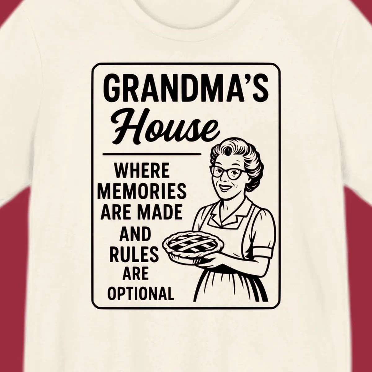 Grandma's house sign with text and illustration of a smiling grandma holding a pie.