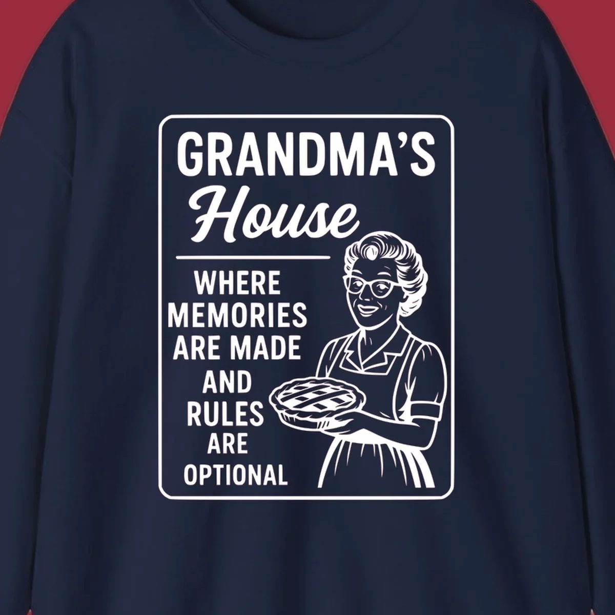 Grandma's house sign with text and illustration of a smiling grandma holding a pie.