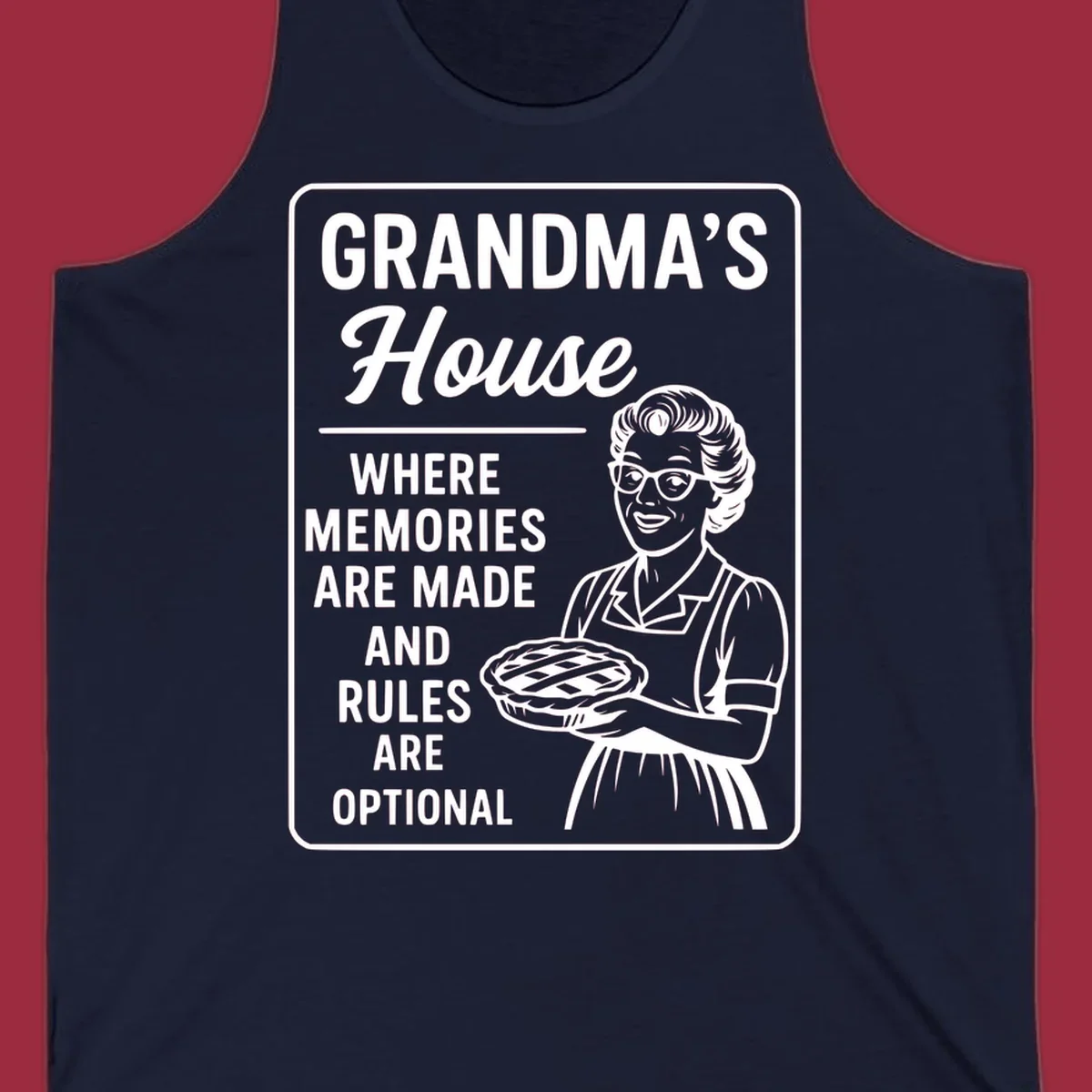 Grandma's house sign with text and illustration of a smiling grandma holding a pie.
